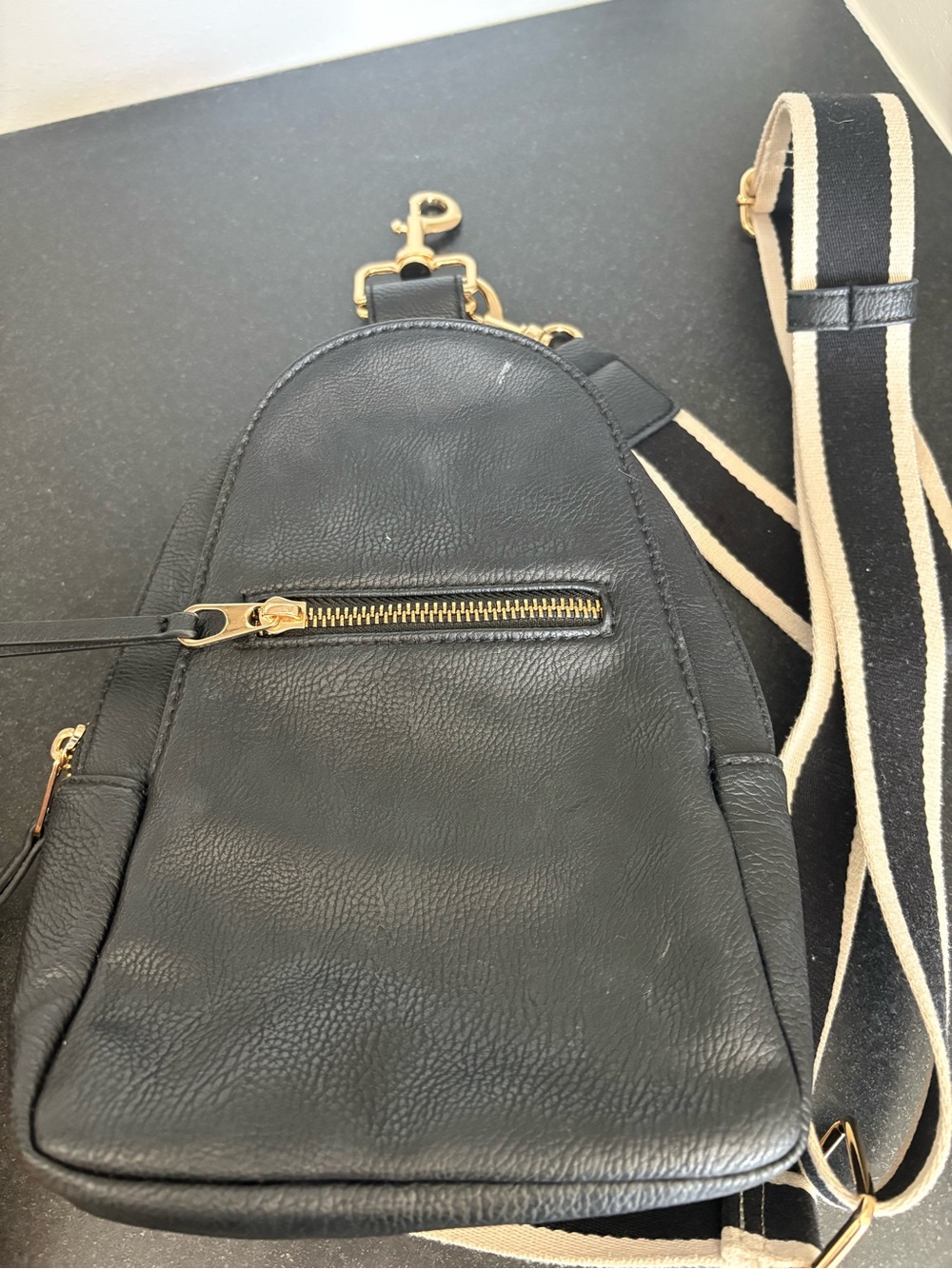 Black Leather Crossbody Sling Bag with Striped Strap
